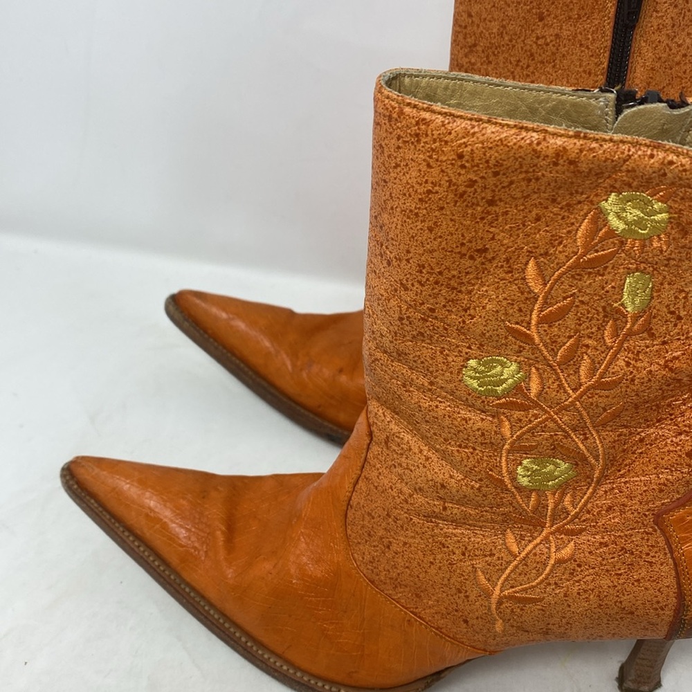 Lagarto Orange Yellow Embroidered Leather Point Toe Heeled Boots - Picture 7 of 12